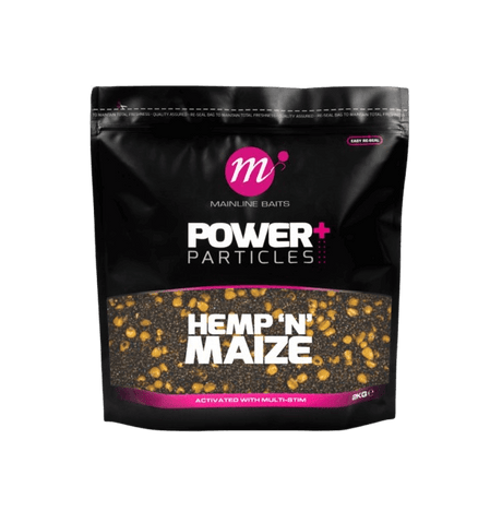 Mainline Power+ Hemp 'N' Maize 2kg fishing bait, enriched with Multi-Stim for effective carpfishing attraction.